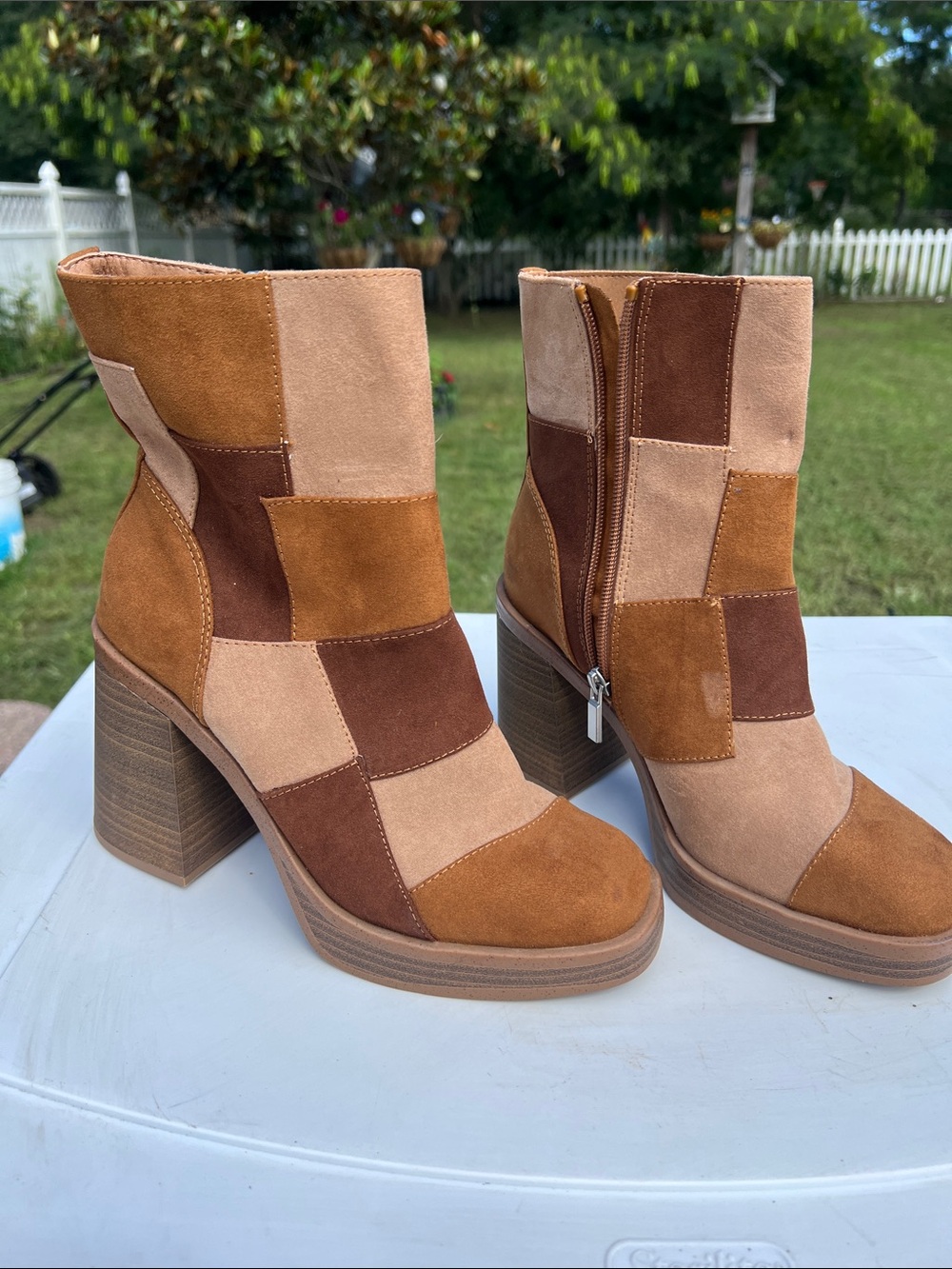 Retro Patchwork Suede Block Heel Ankle Boots - Brown Multi